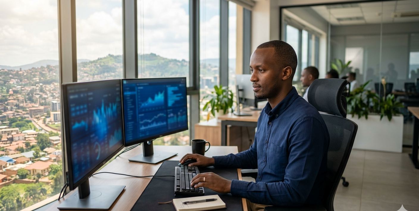 An RDTech specialist reviewing analytics dashboards in a Kigali office overlooking the city