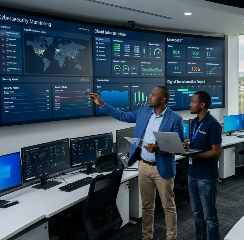 RDTech engineers monitoring cybersecurity, cloud, and managed IT dashboards in a Kigali operations center