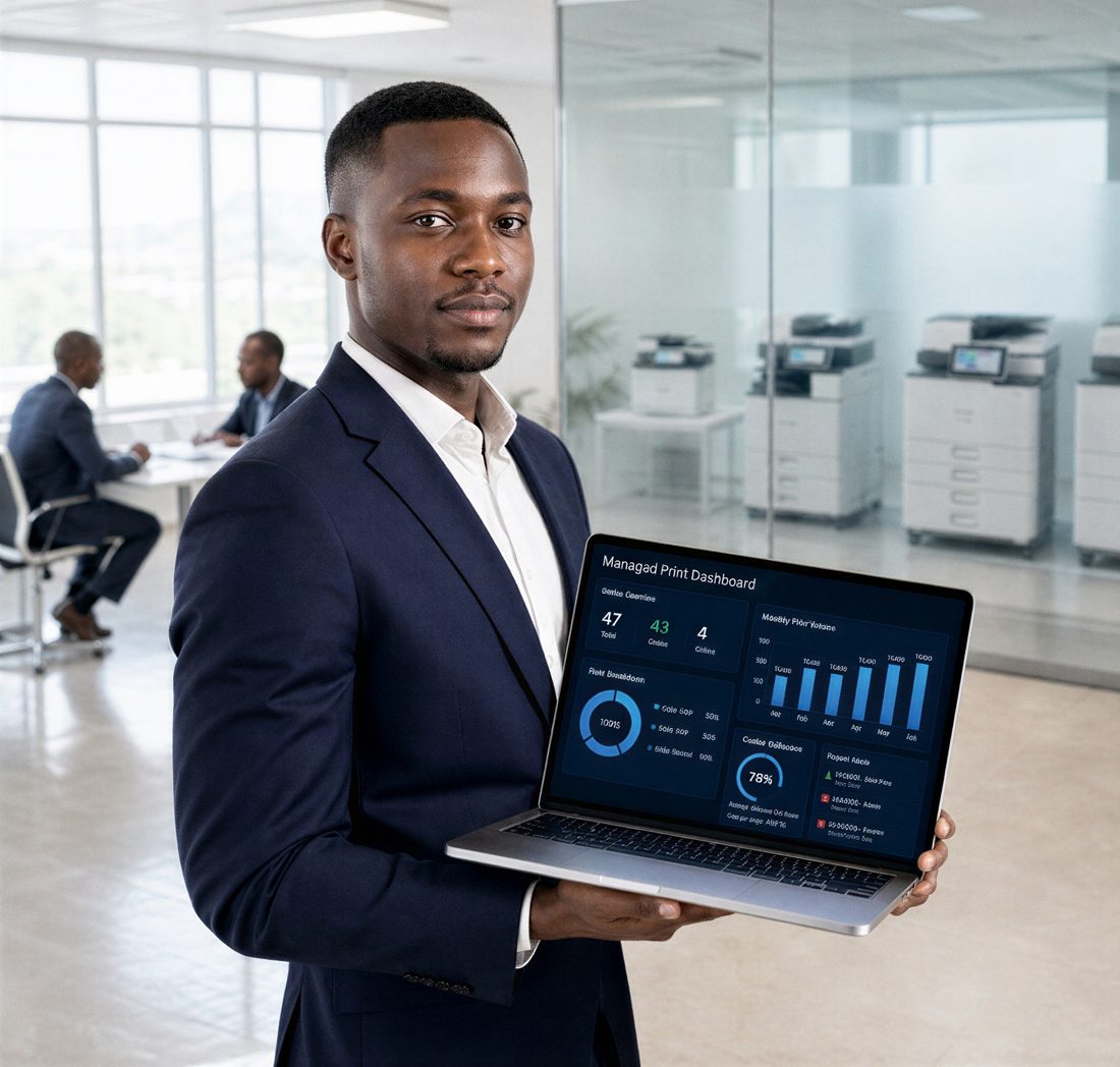 Man holding a laptop with a document dashboard in an office with printers