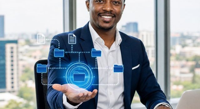 Businessman presenting digital files and folders above his hand